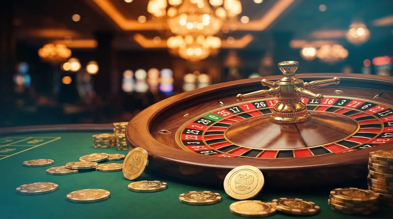 Roulette wheel and poker chips on casino table with Albanian design