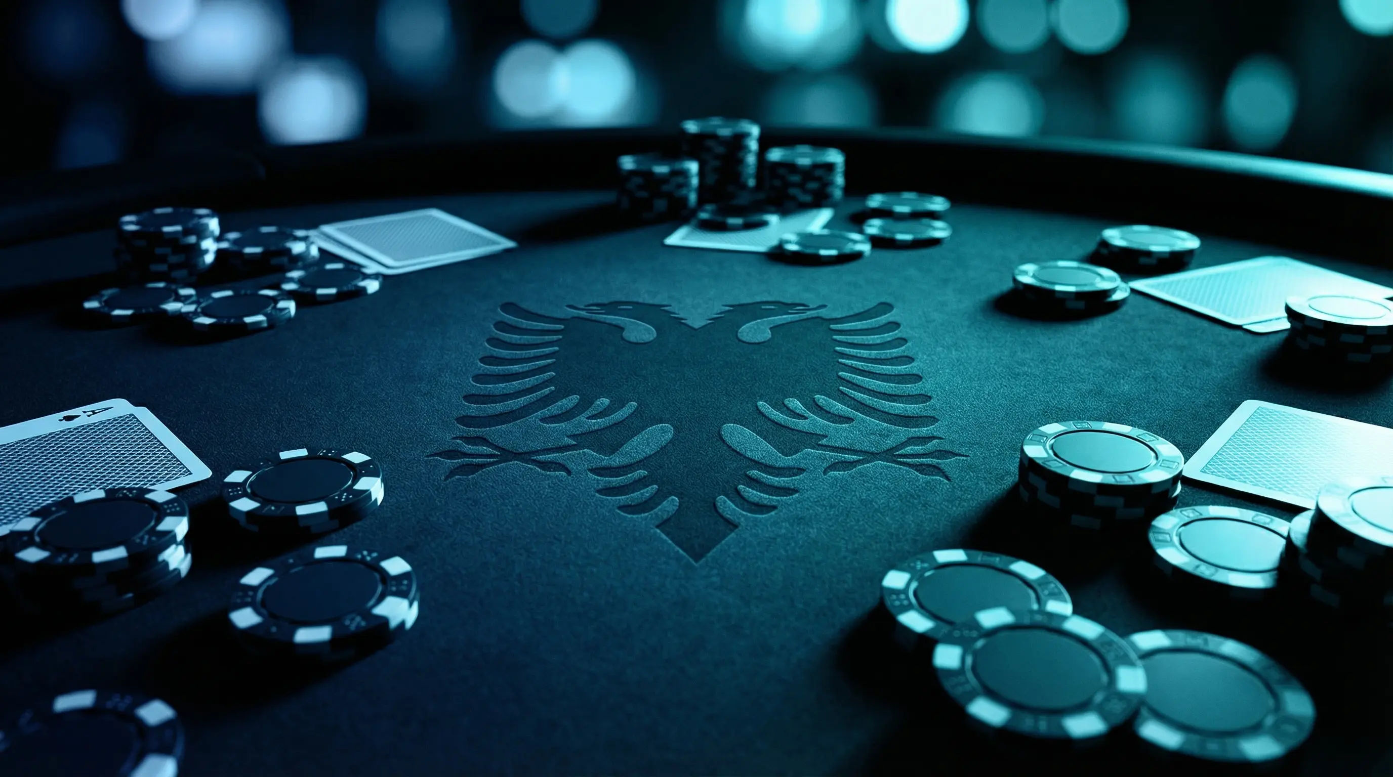 Chips pokerit dhe letra loje mbi tryezë kazinoje me ngjyra shqiptare