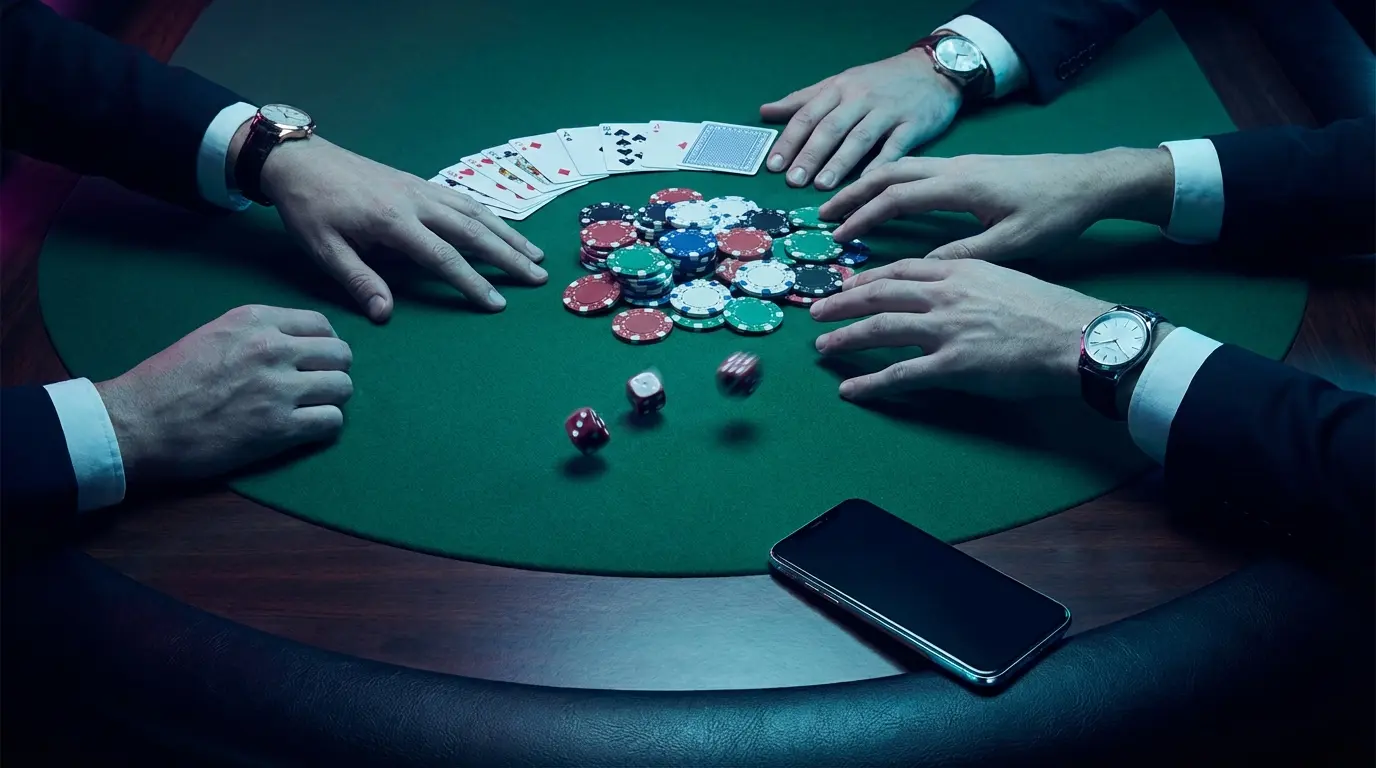 Aerial view of casino table with players hands and gaming items