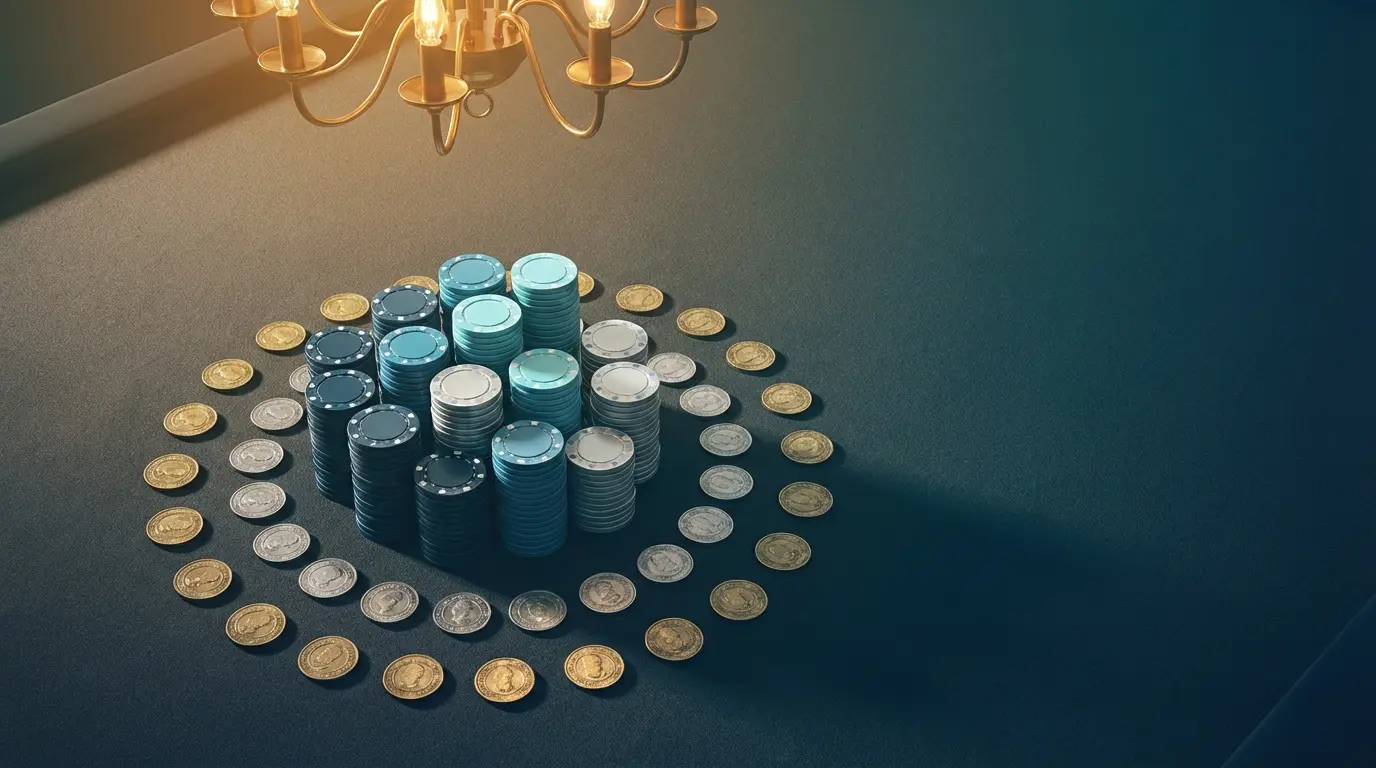 Stacked casino chips and coins arranged on gaming felt