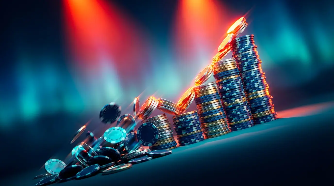 Rising stack of casino chips dramatically crashing downward