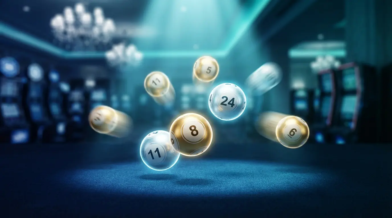 Keno numbered balls floating above casino table in dramatic lighting