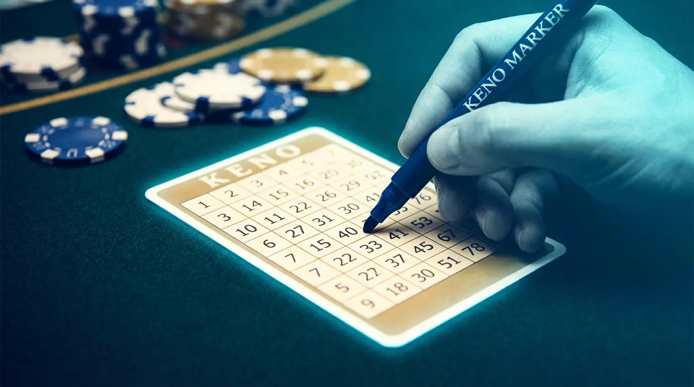 Close-up of hand marking Keno card at casino table