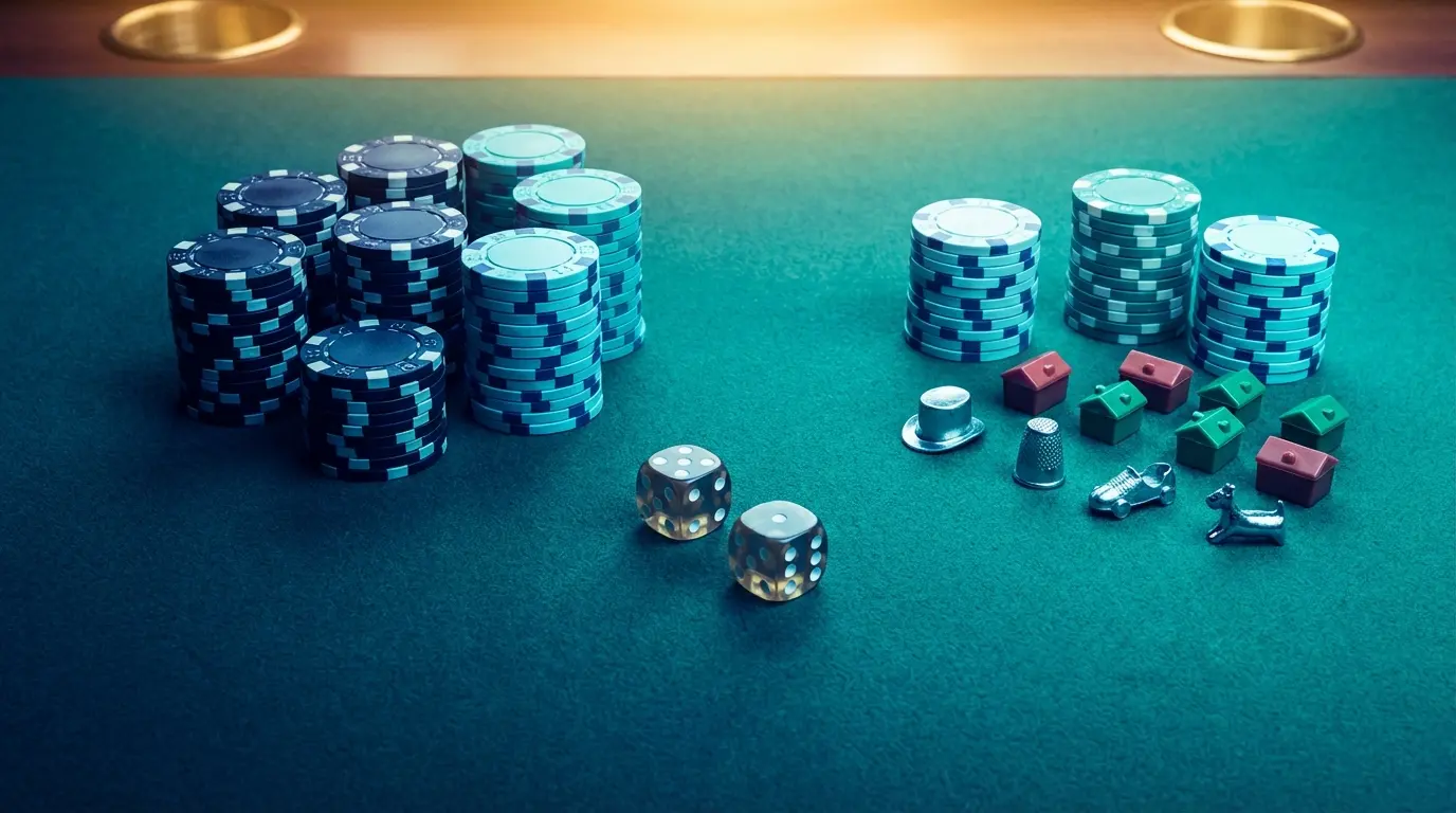 Xhetonë kazinoje dhe figura loje Monopoly mbi tavolinë