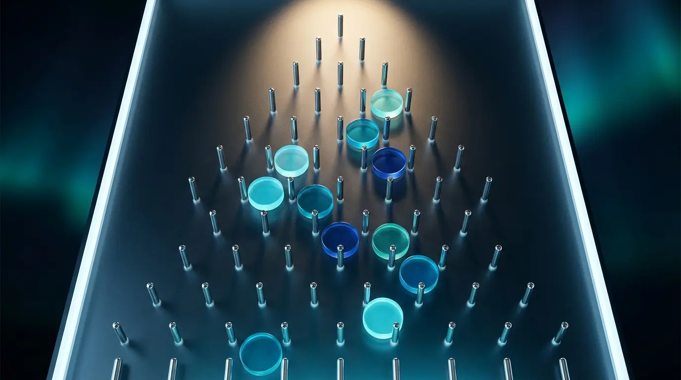 Plinko board with discs falling through pegs