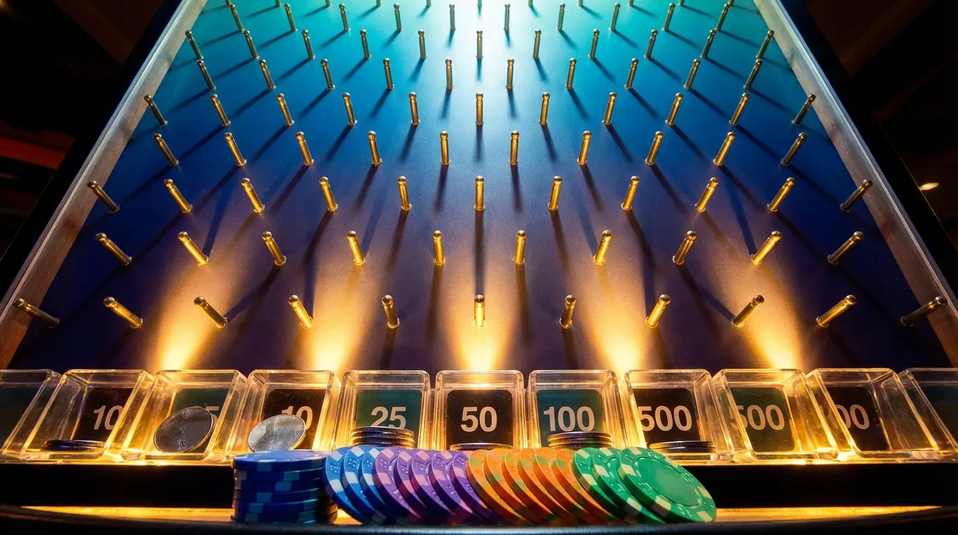 Chips stacked at bottom of Plinko game board
