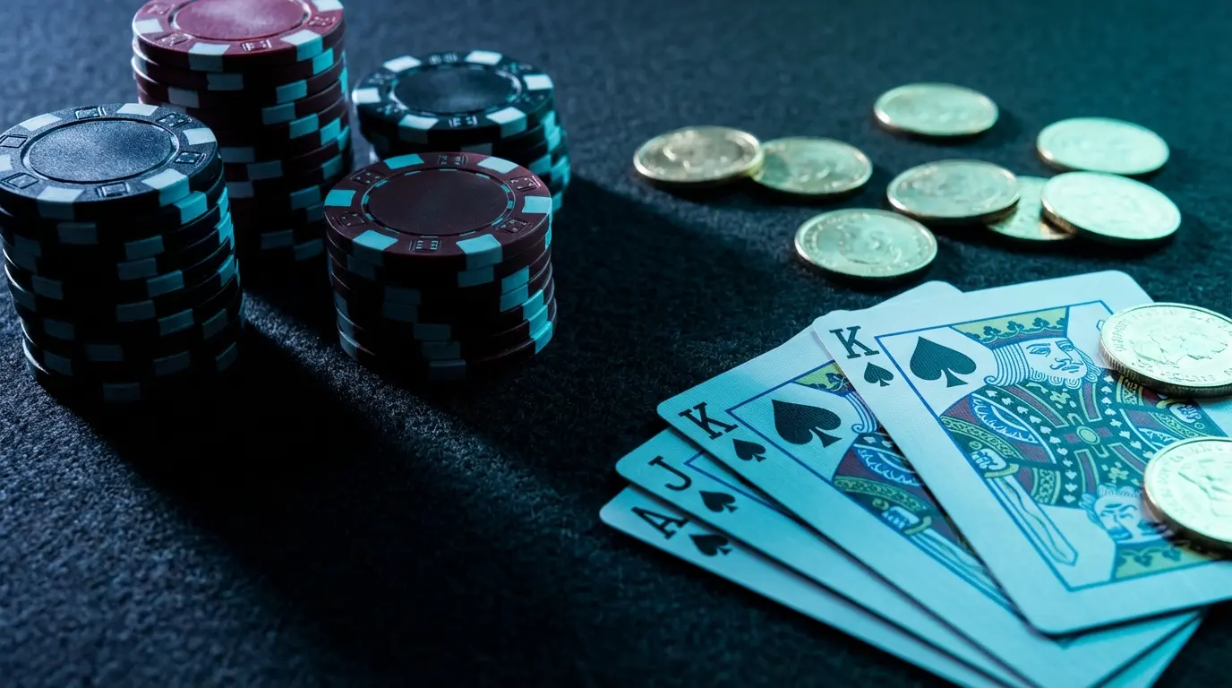 Casino chips stacked with playing cards and coins on felt