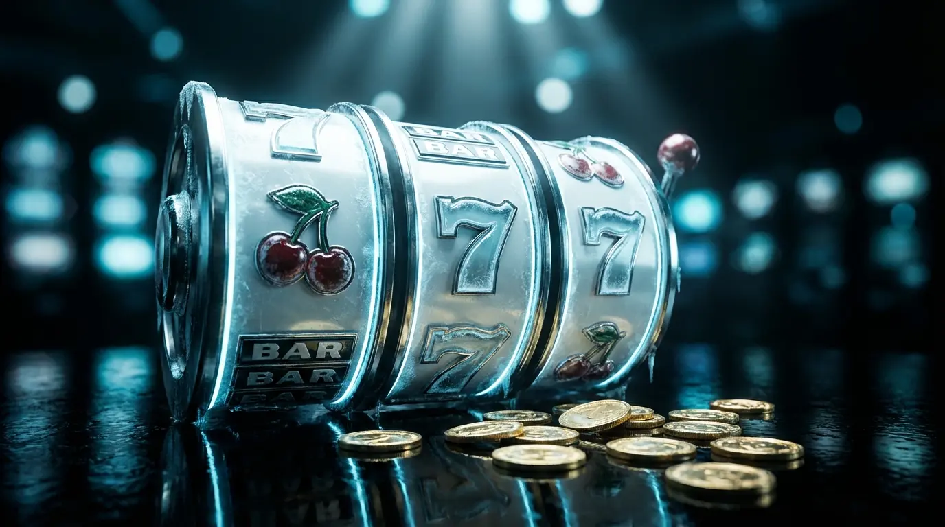 Slot machine reels with scattered coins in dramatic casino lighting