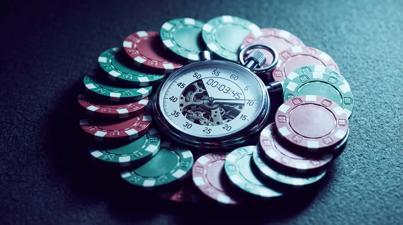 Timer surrounded by casino chips showing decision moment