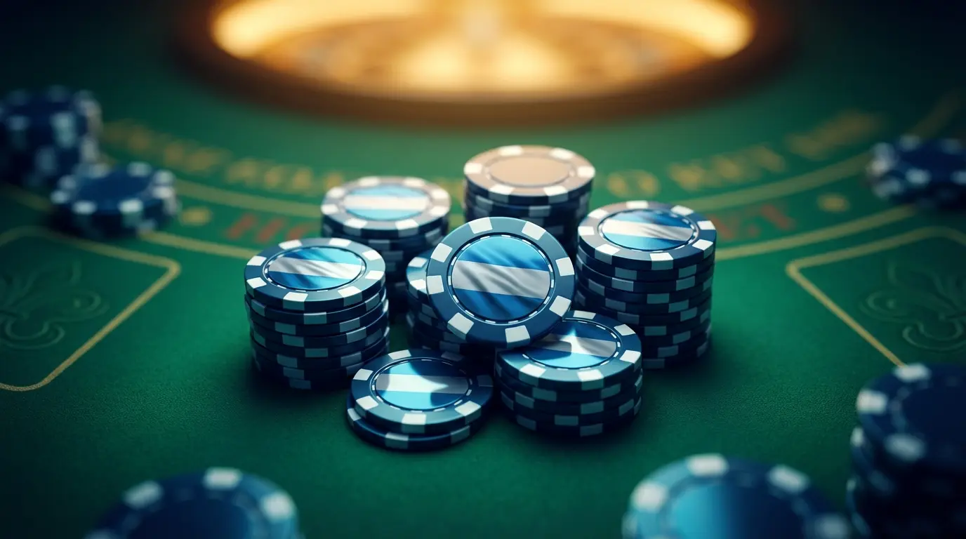 Casino chips in Argentine colors on green felt table