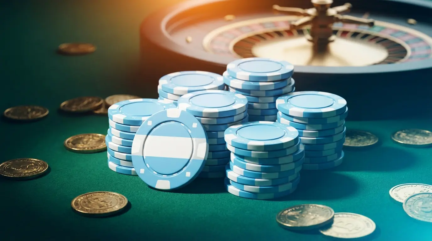 Casino chips in Argentine colors on green felt table