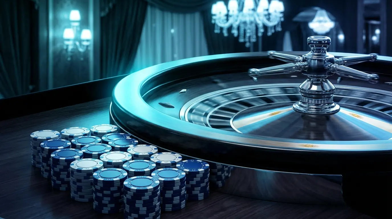 Roulette wheel with blue and white themed casino chips