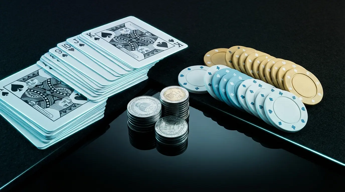 Casino cards and Argentine coins arranged on black felt