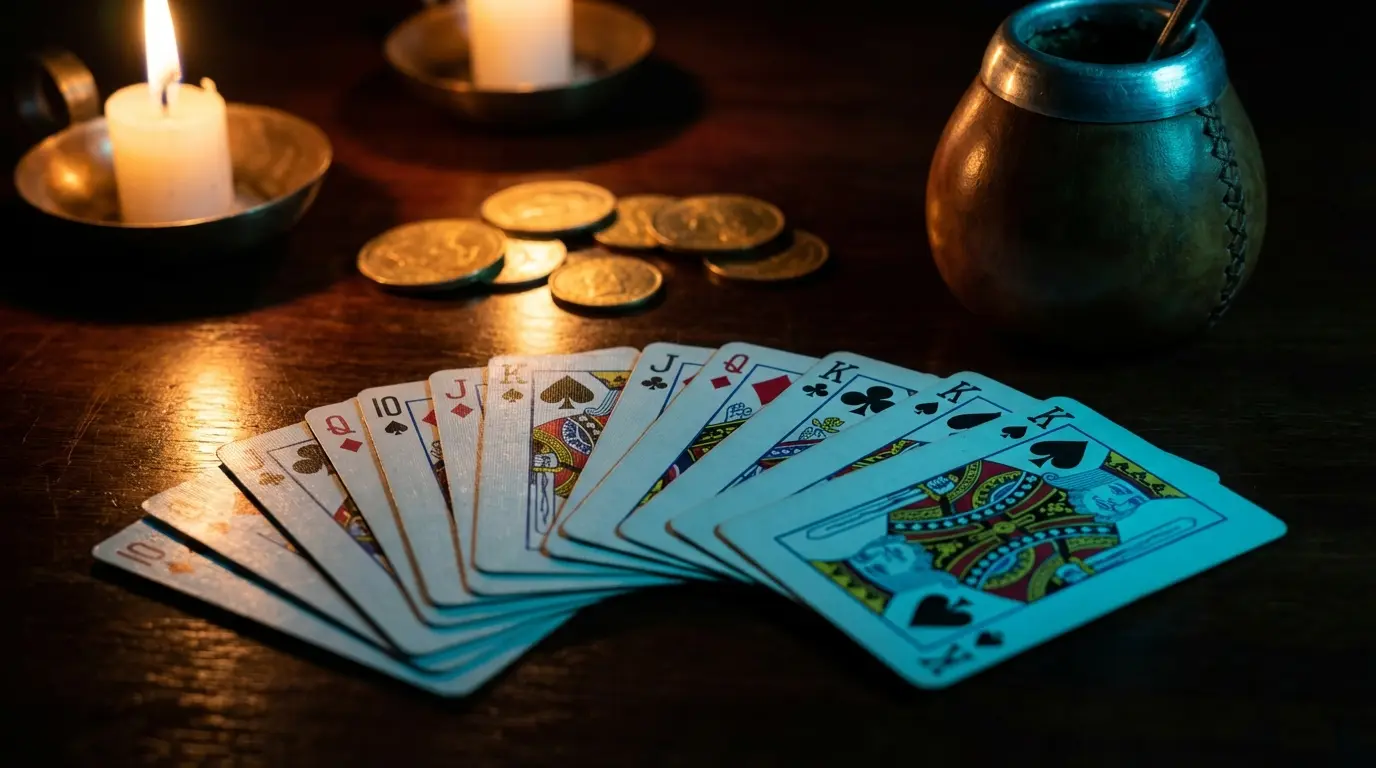 Playing cards and coins with traditional mate gourd