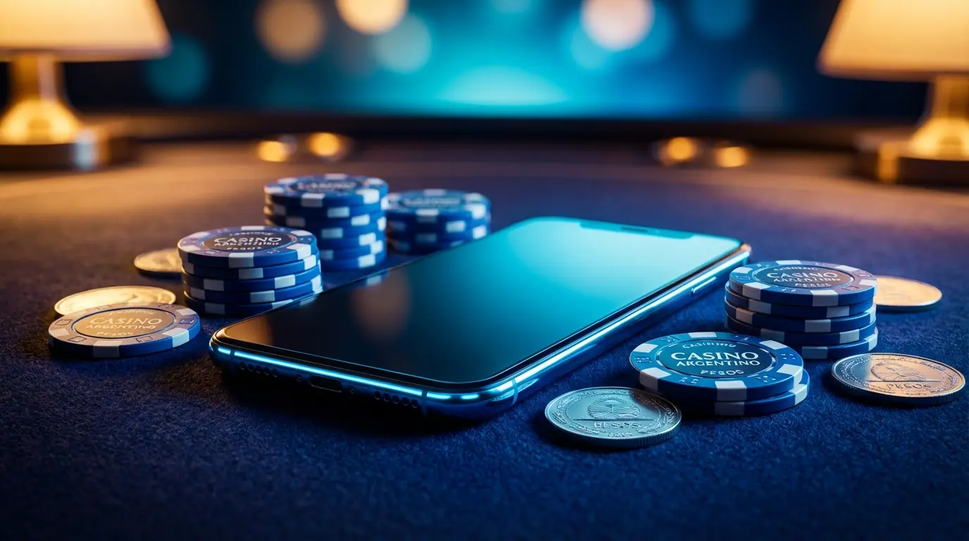 Phone with casino chips and Argentine currency on gaming table