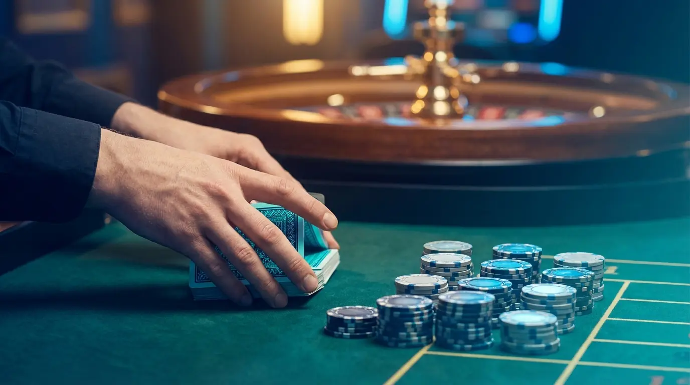 Live casino dealer hands with cards and chips on gaming table
