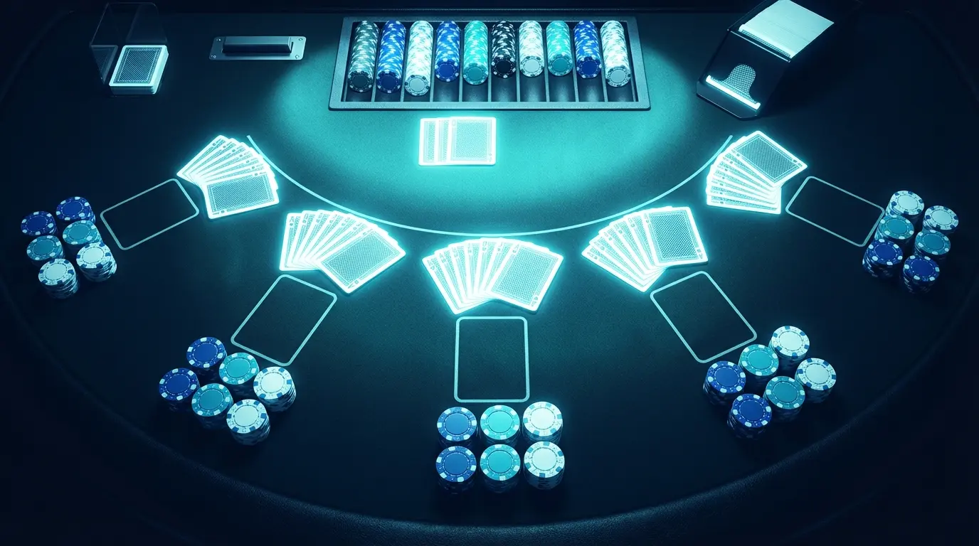 Overhead poker table setup with cards and casino chips