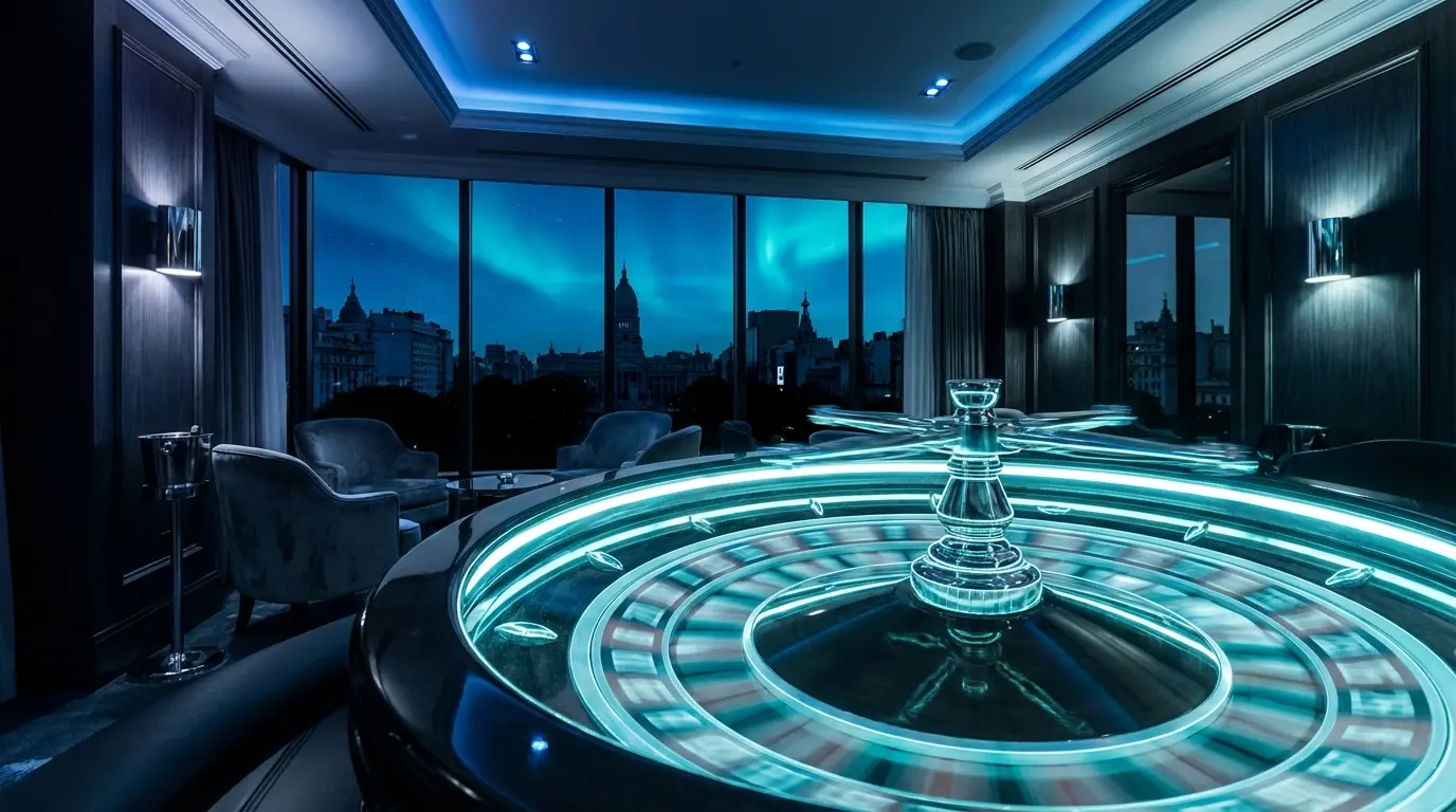 Spinning roulette wheel with Buenos Aires skyline background