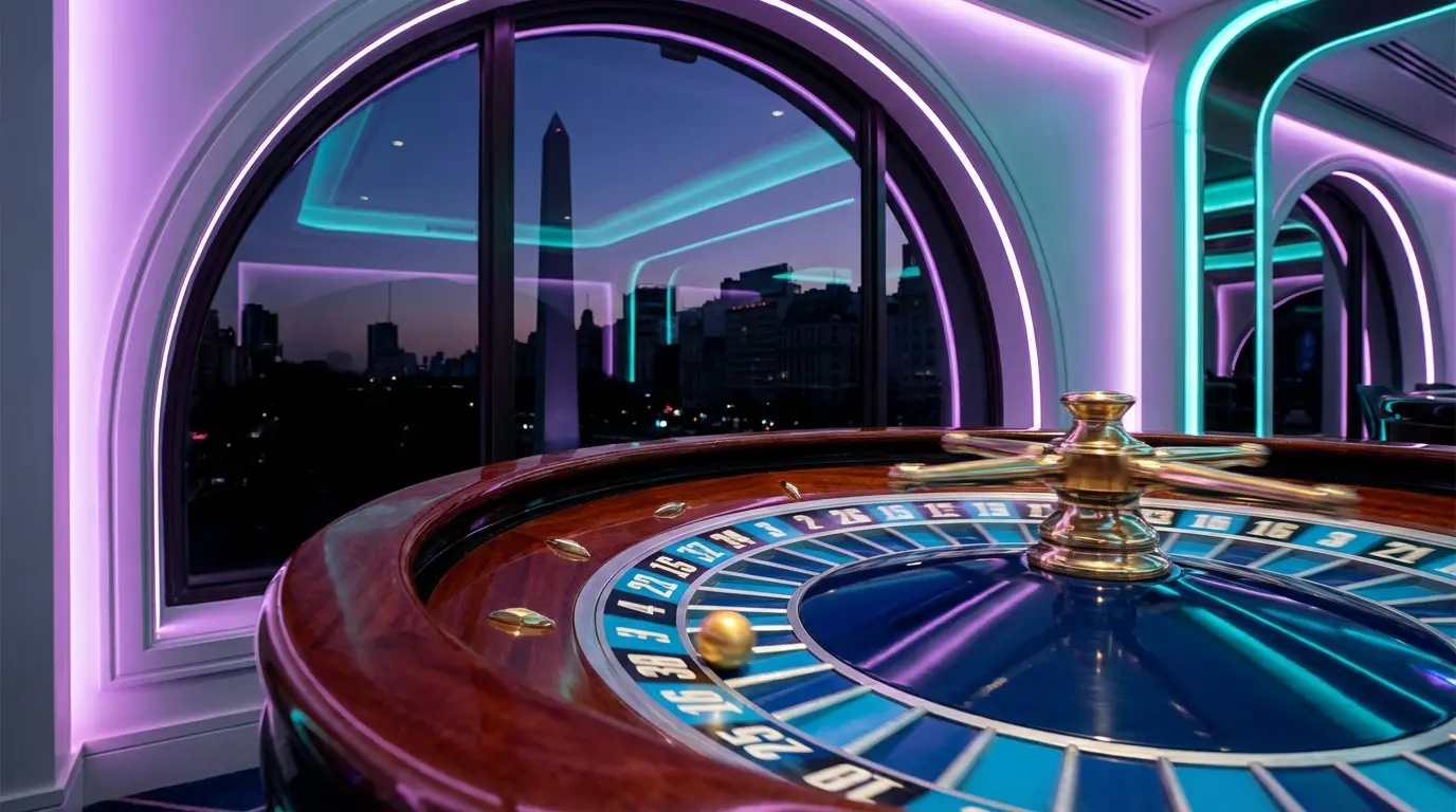 Spinning roulette wheel with Buenos Aires skyline background