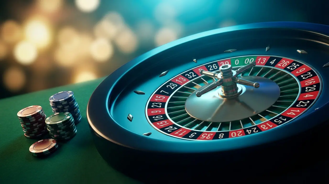 Casino roulette wheel with stacked chips on green felt table