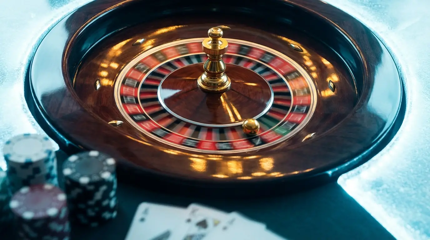 Roulette wheel spinning with ball in motion and casino chips