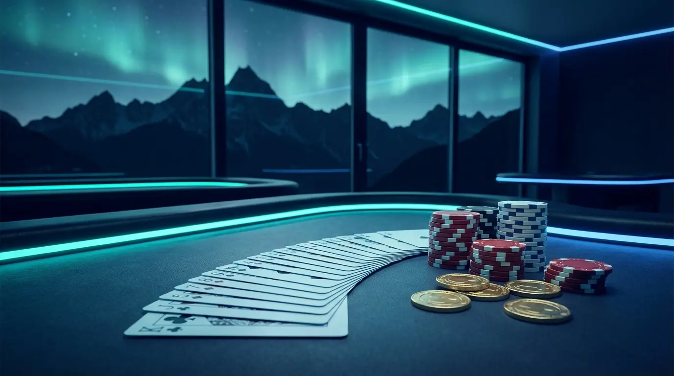 Casino cards and chips with Austrian mountain backdrop