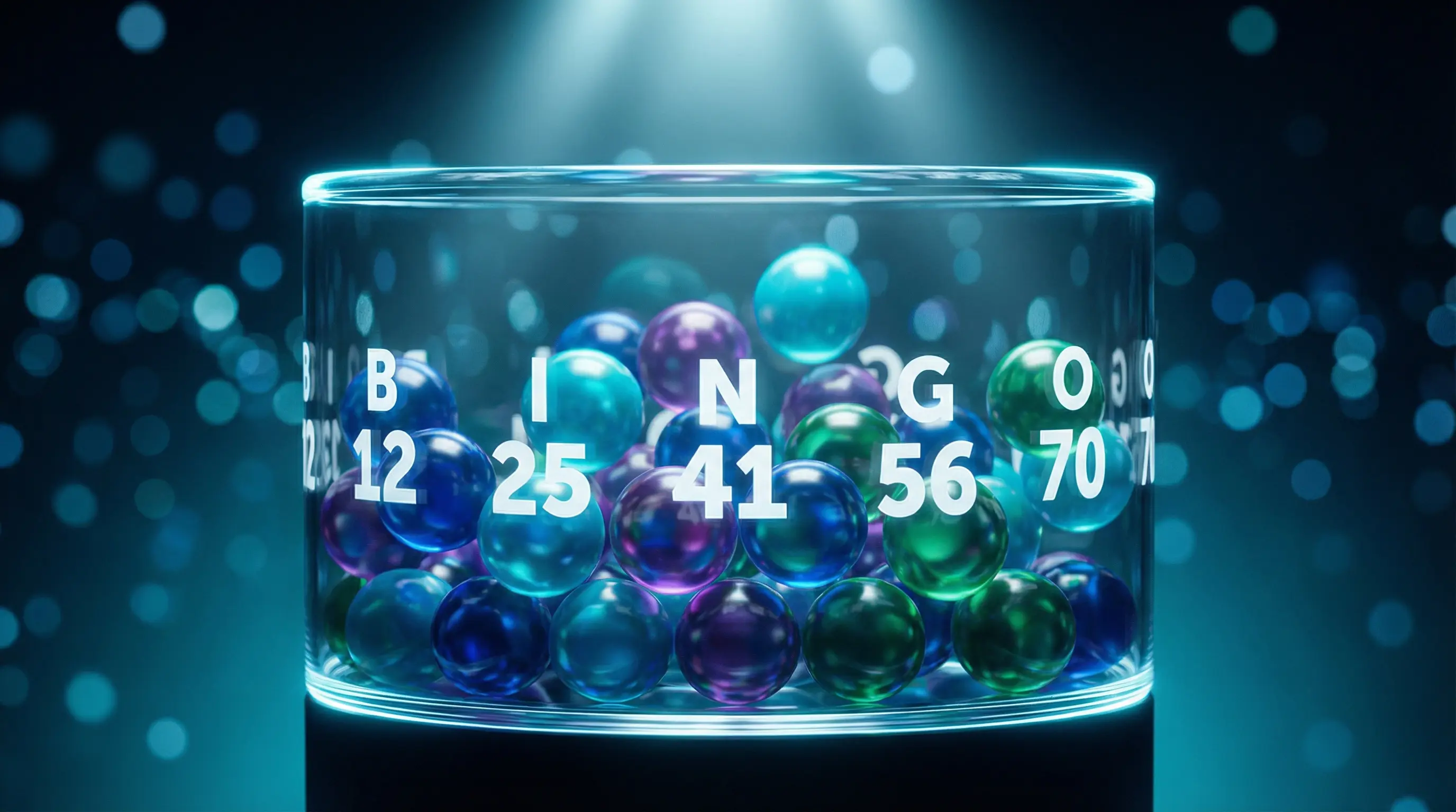 Bunte Bingo-Kugeln in einer rotierenden Lostrommel