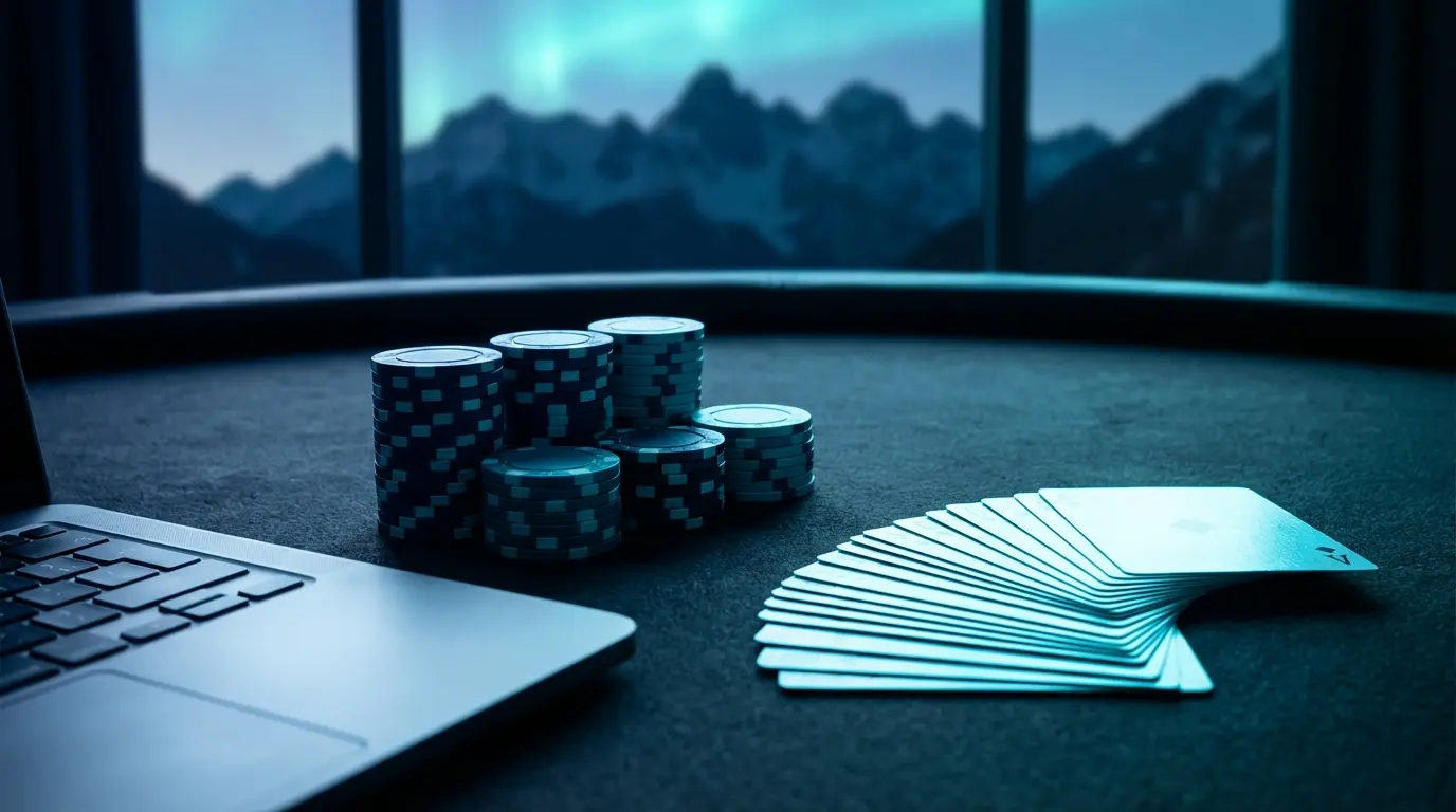 Spielkarten und Chips vor Alpenkulisse im Abendlicht