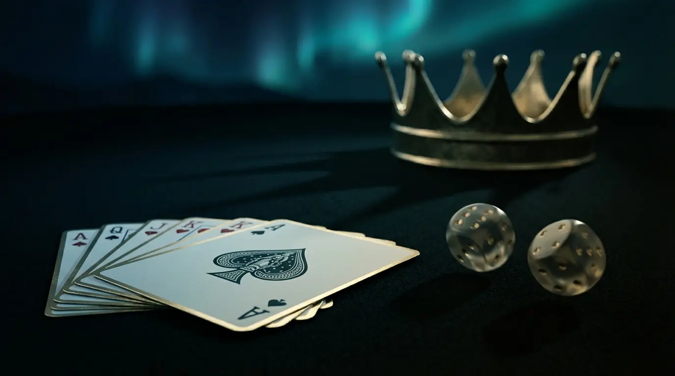 Cards and dice on casino table with crown ornament