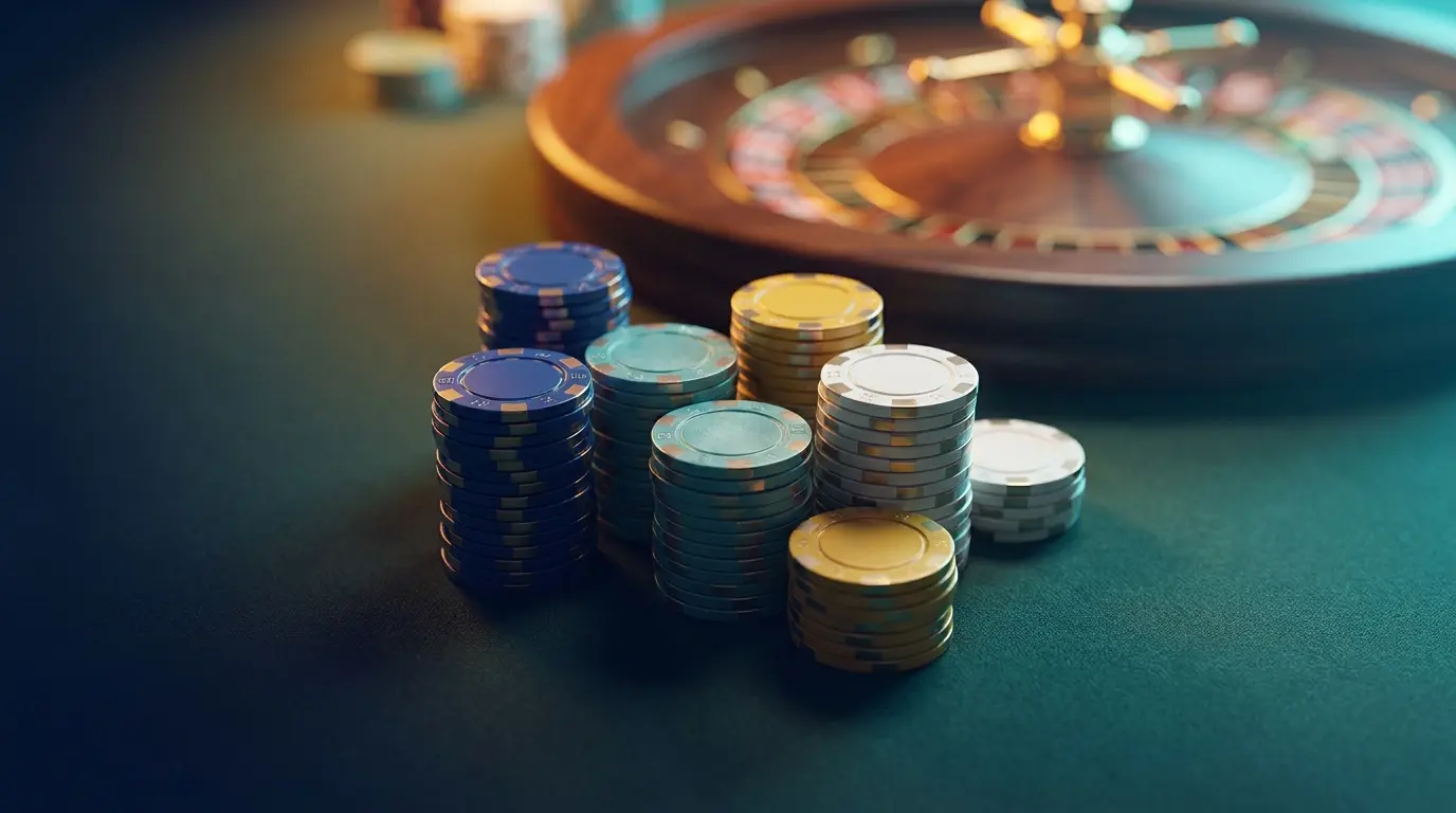 Casino-Chips auf grünem Filz mit verschwommenem Roulette-Rad