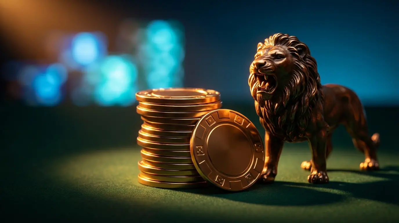 Casino chips next to lion statue on gaming table