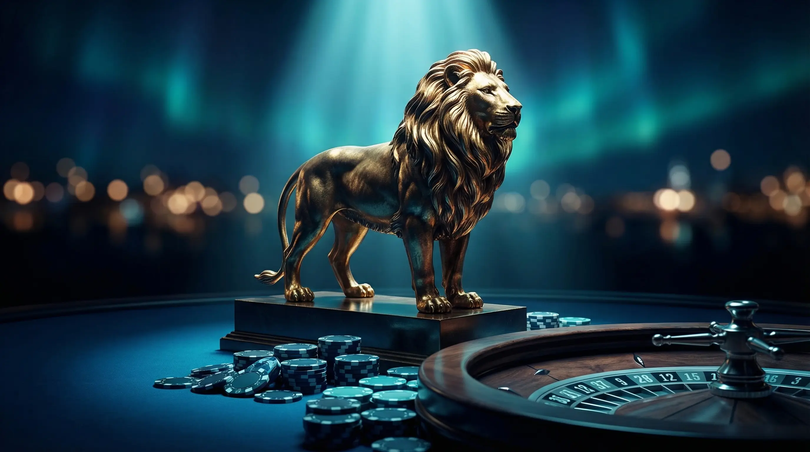 Goldene Löwenstatue über Casino-Chips und Roulette