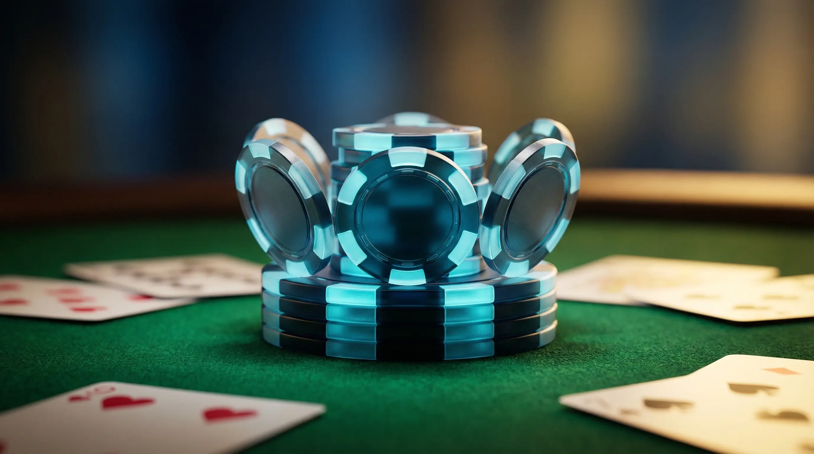 Poker-Chips in Kronenform auf grünem Filz angeordnet