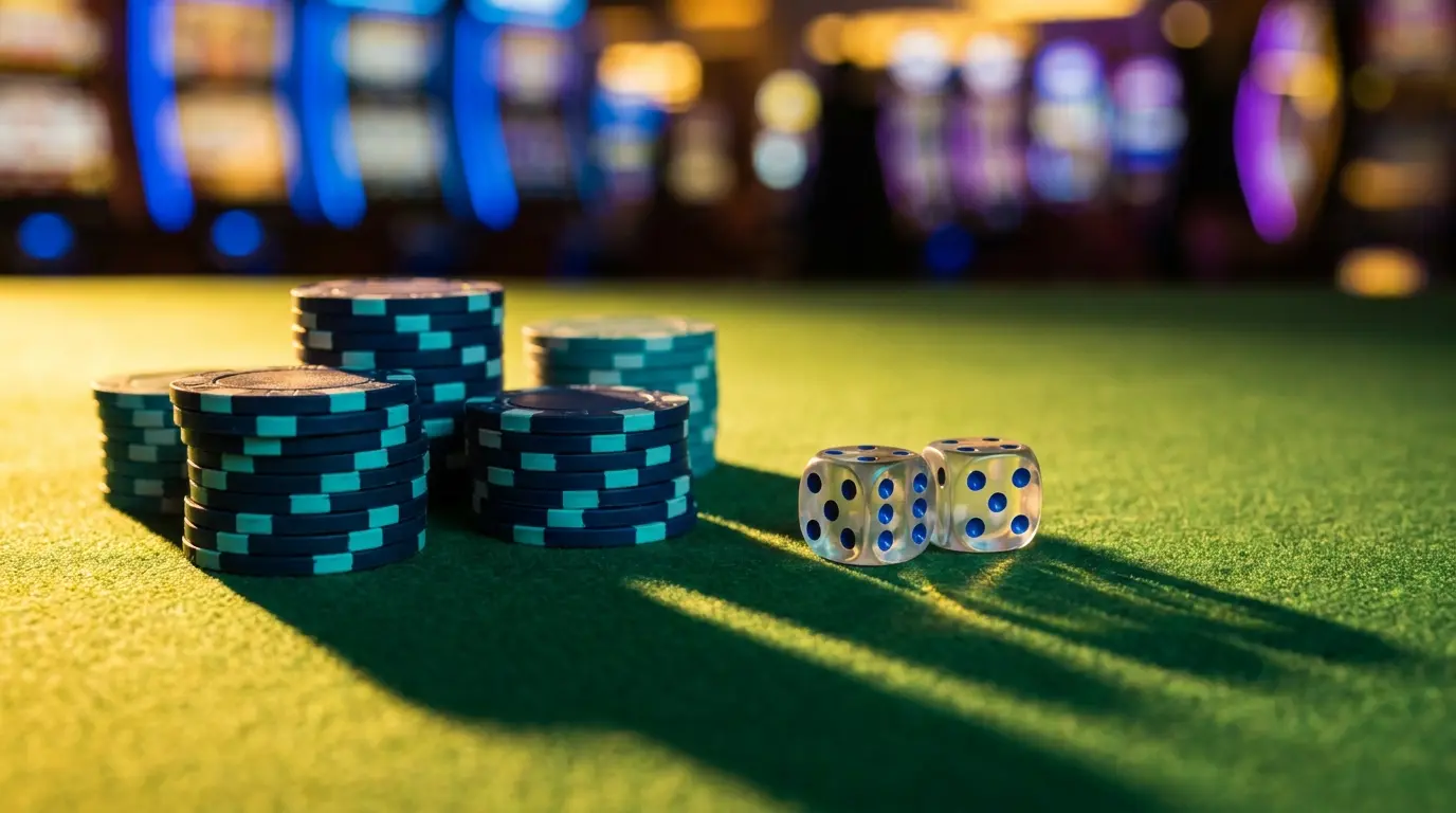 Poker-Chips und Würfel auf grünem Filz mit Casino-Ambiente