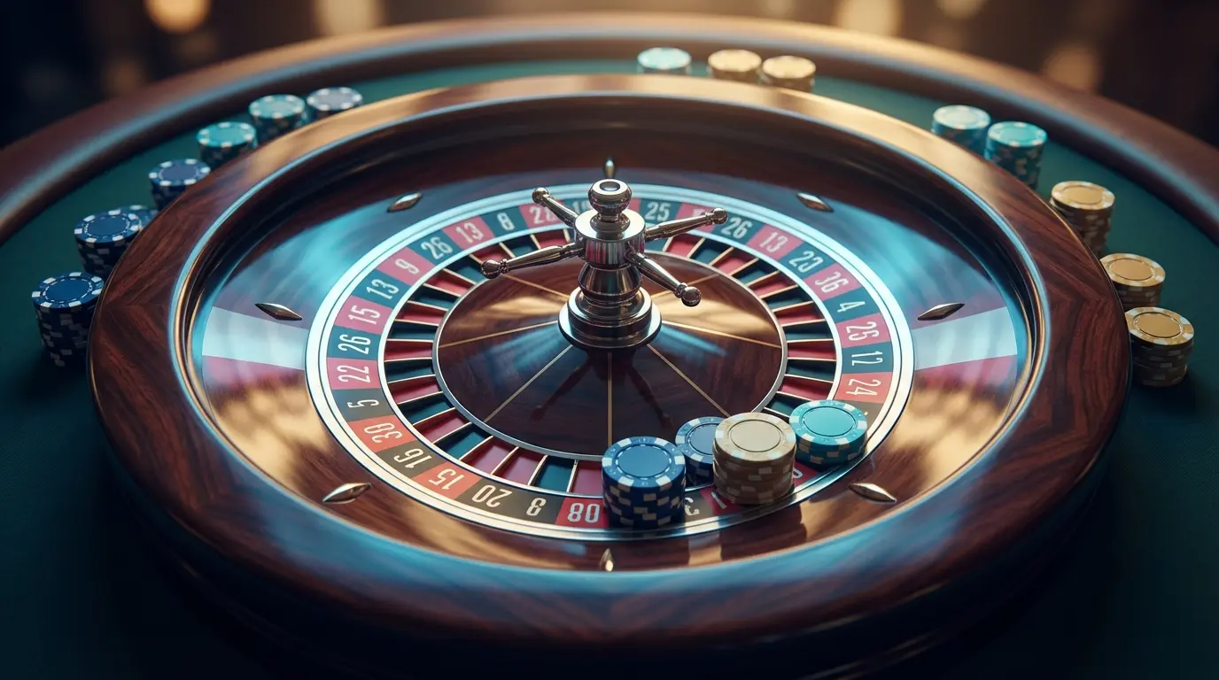 Roulette-Rad mit Jetons auf grünem Filz in österreichischen Farben