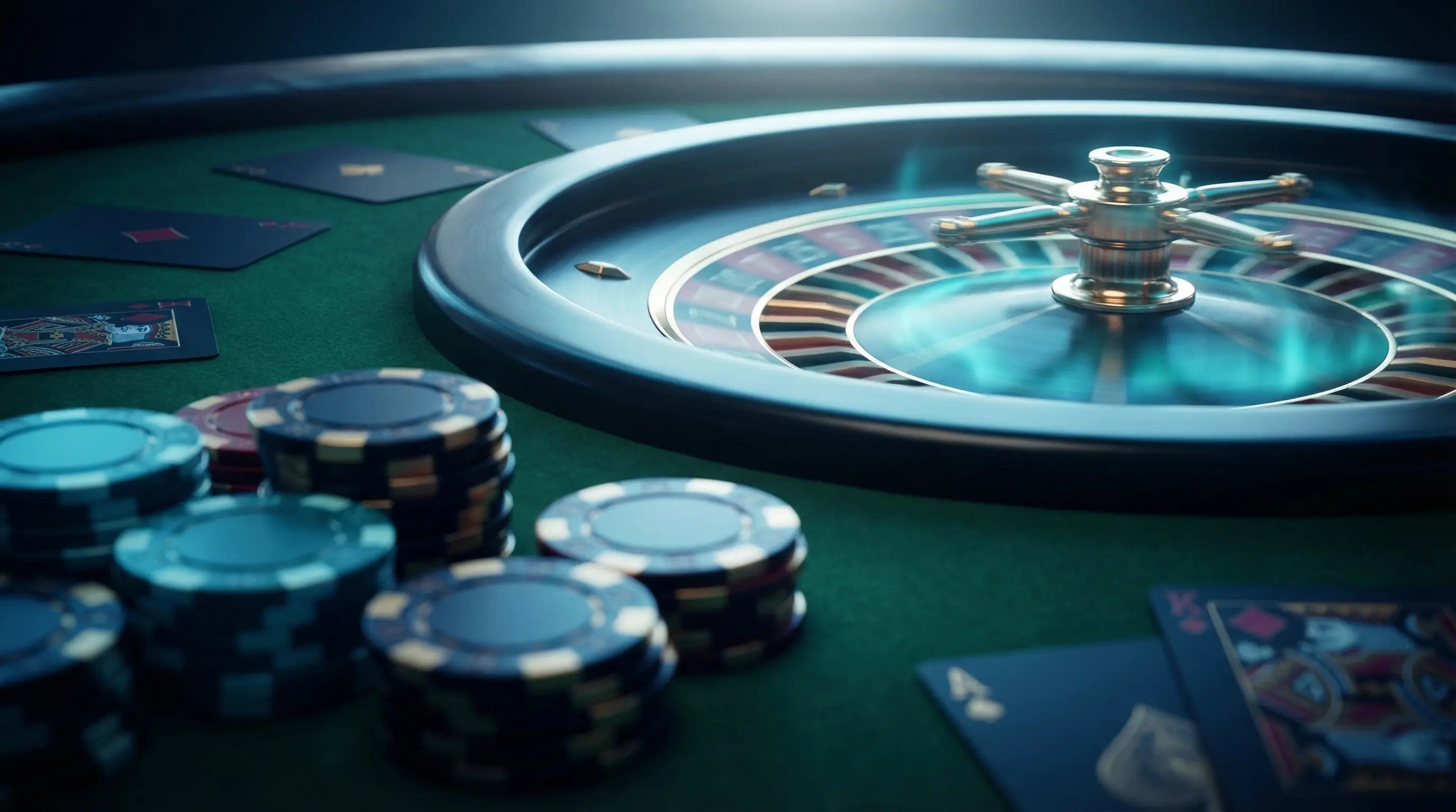 Roulette-Rad und Poker-Chips auf grünem Filz
