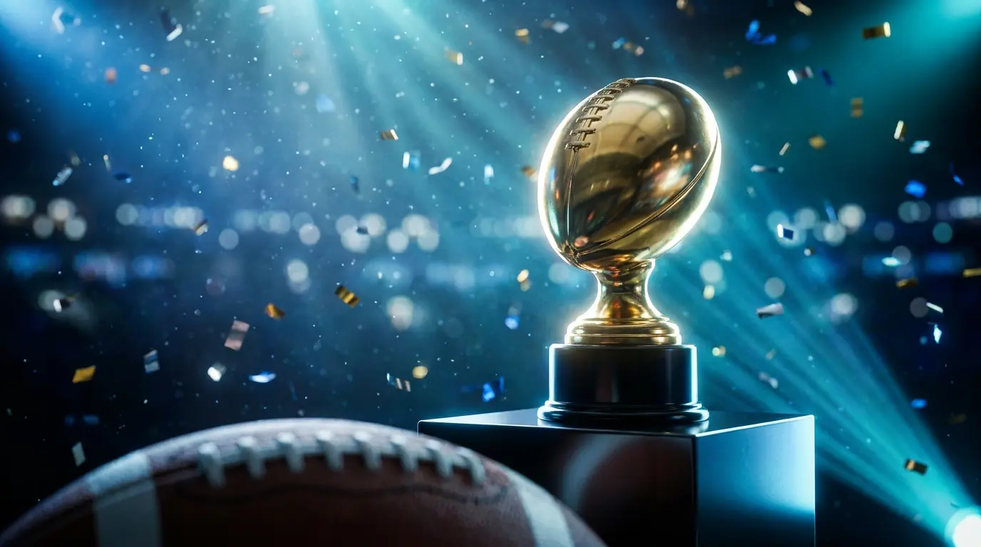 Goldener Pokal mit Fußball in dramatischer Stadionbeleuchtung