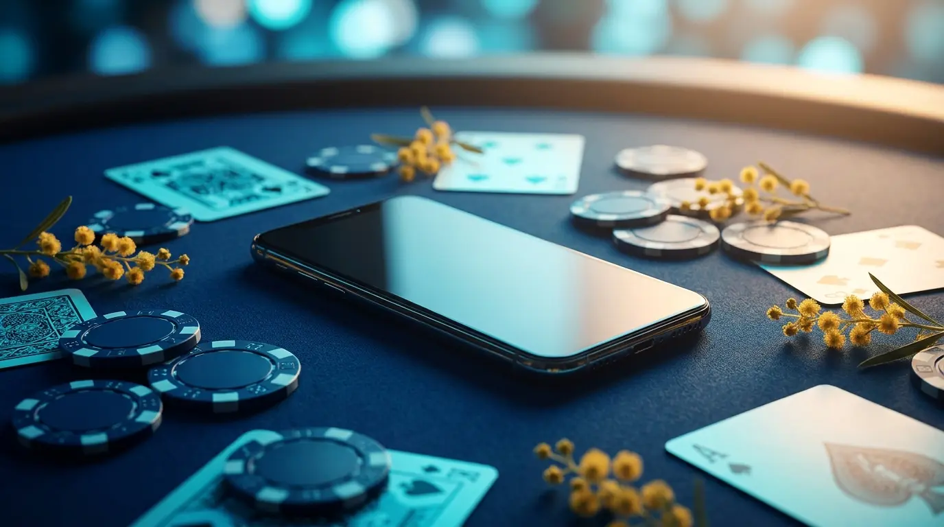 Smartphone with casino chips and Australian wattle flowers