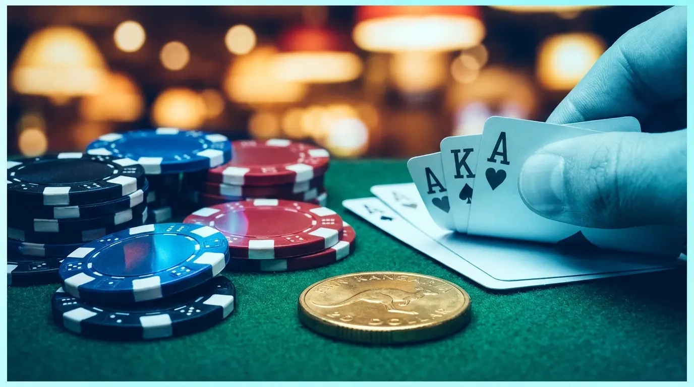 Poker chips and cards with Australian themed elements on casino table