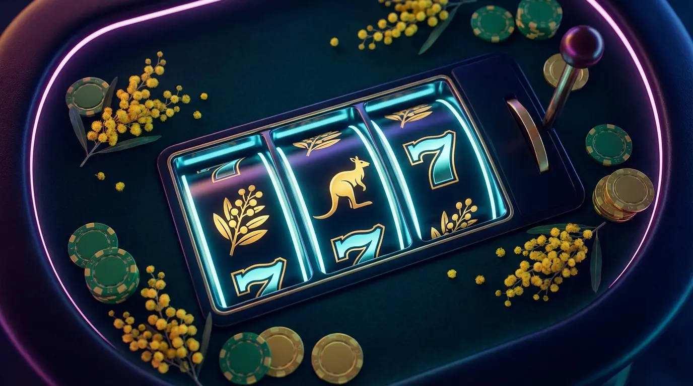 Poker machine symbols with Australian wattle flowers and casino chips