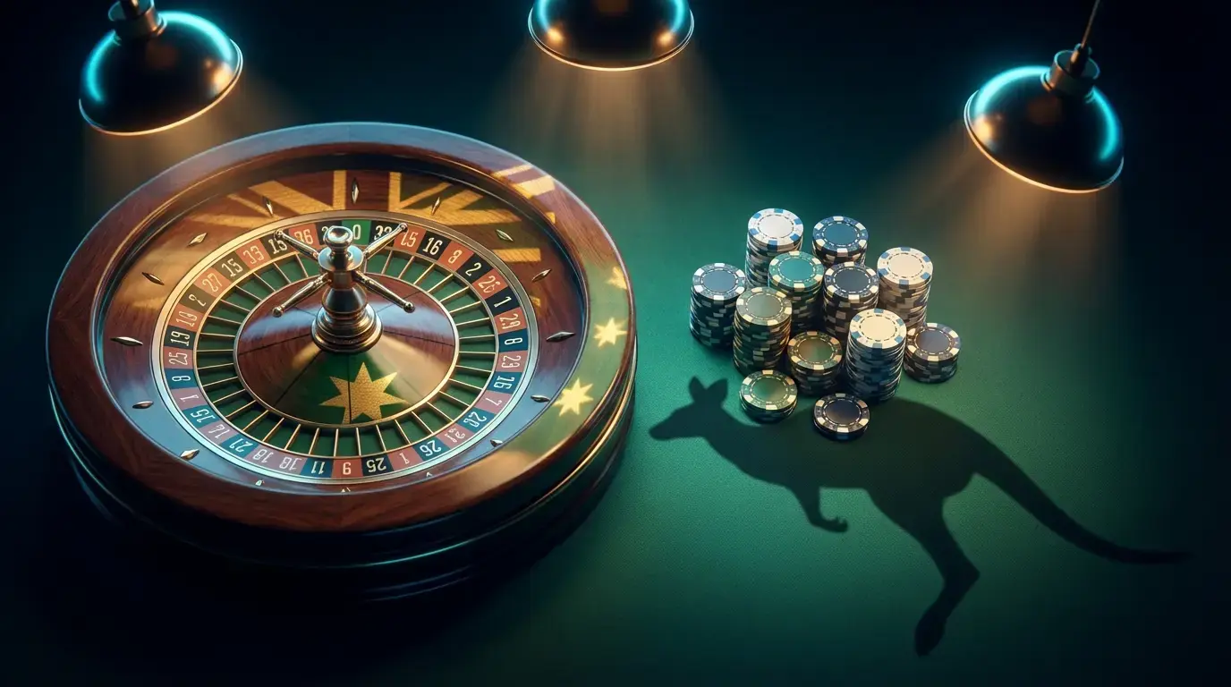 Casino chips with Australian themed gold and green lighting