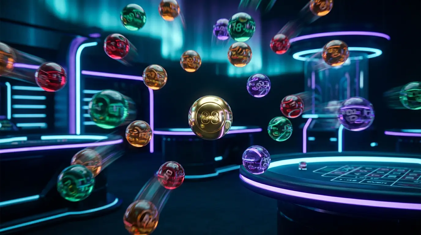 Dynamic shot of Mega Ball lottery balls in motion with neon lighting