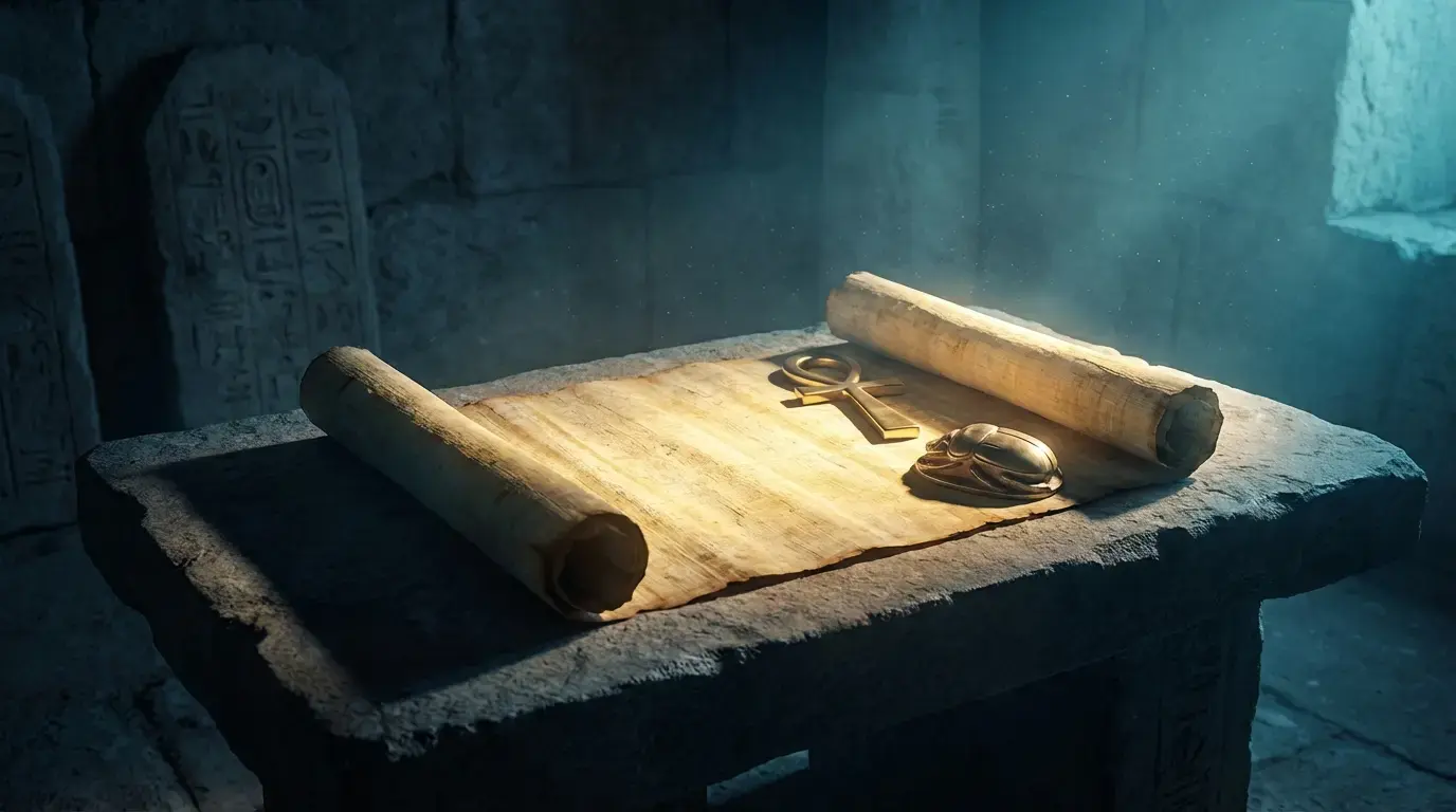 Egyptian scroll with ancient symbols on stone altar