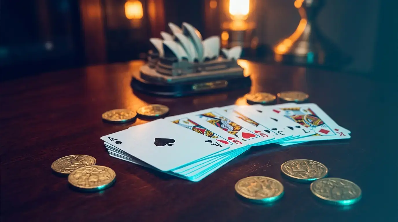 Casino cards and coins with Australian landmark in background