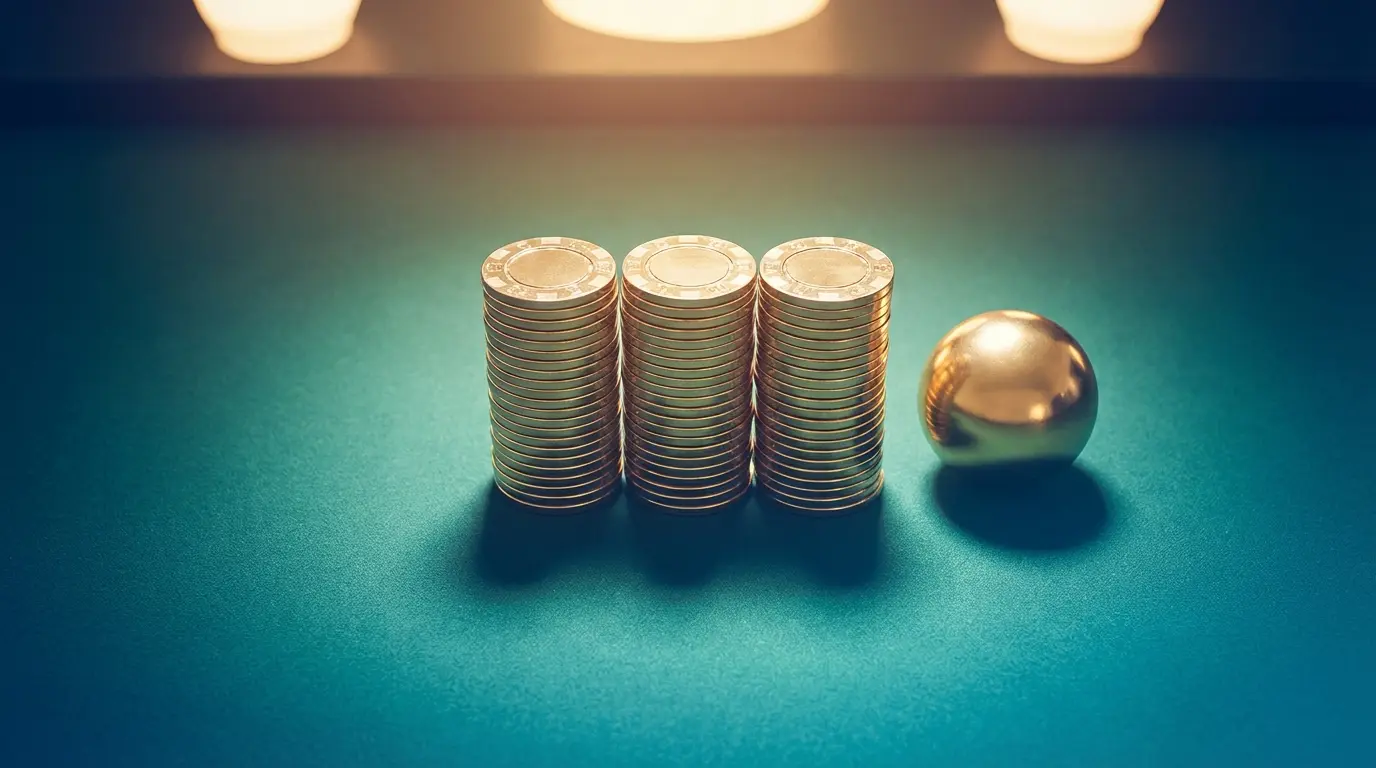 Casino chips stacked with golden ball on green felt table