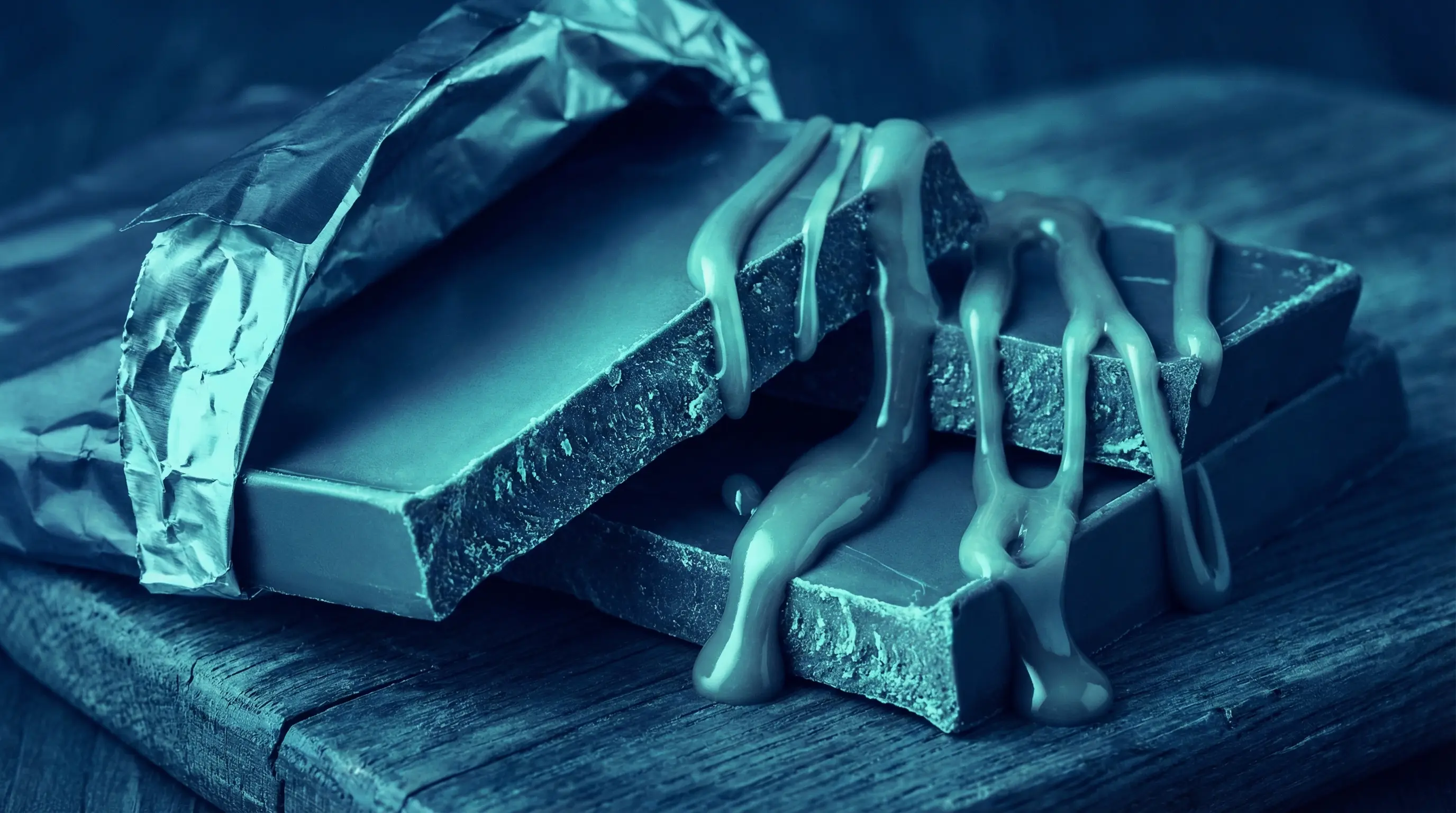 Close-up of large broken chocolate bar with wrapper