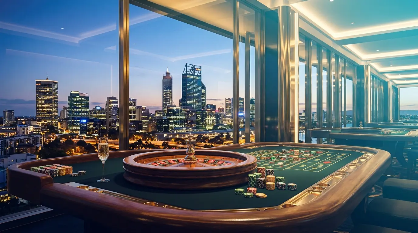 Crown Perth casino interior with roulette table and city skyline
