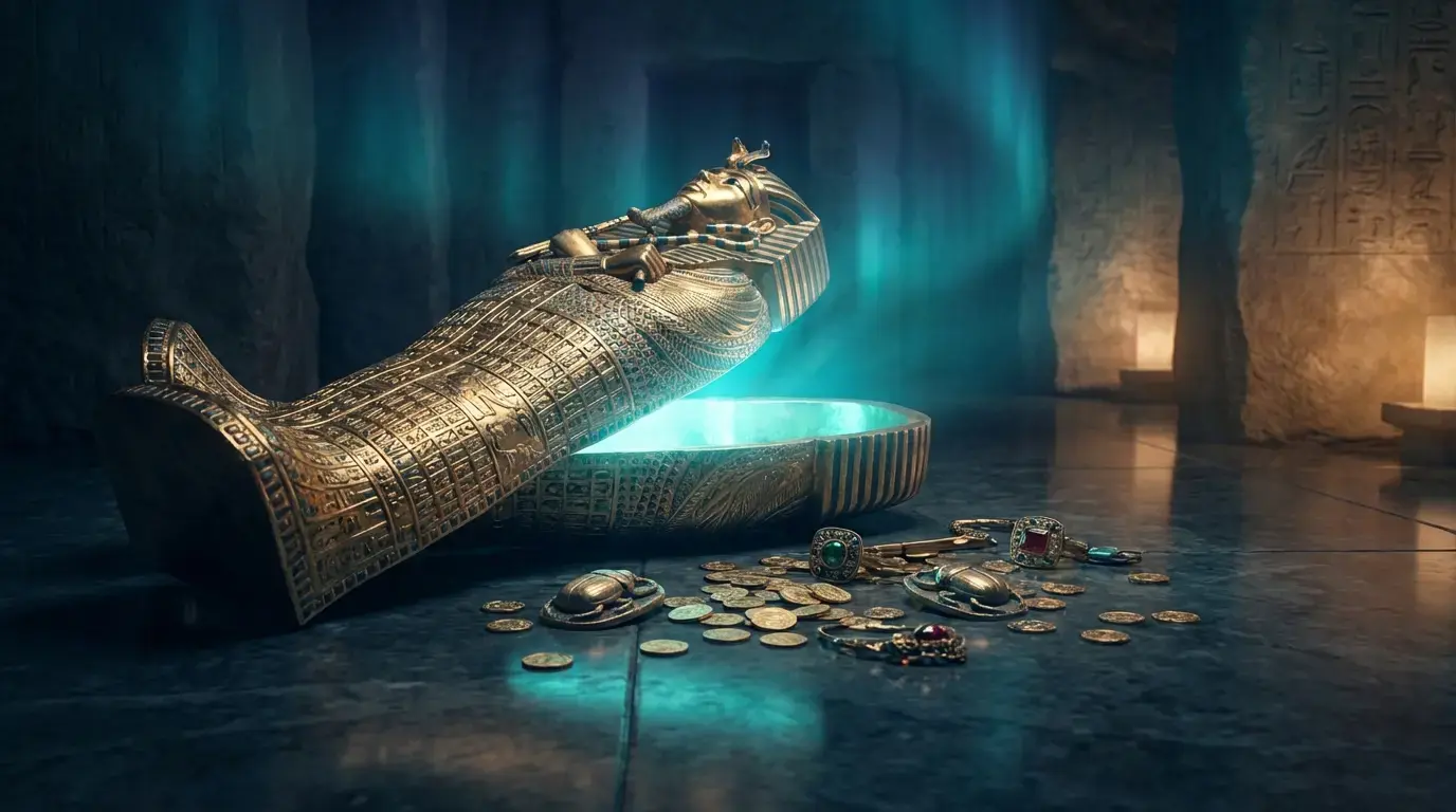 Golden sarcophagus with glowing treasures in tomb
