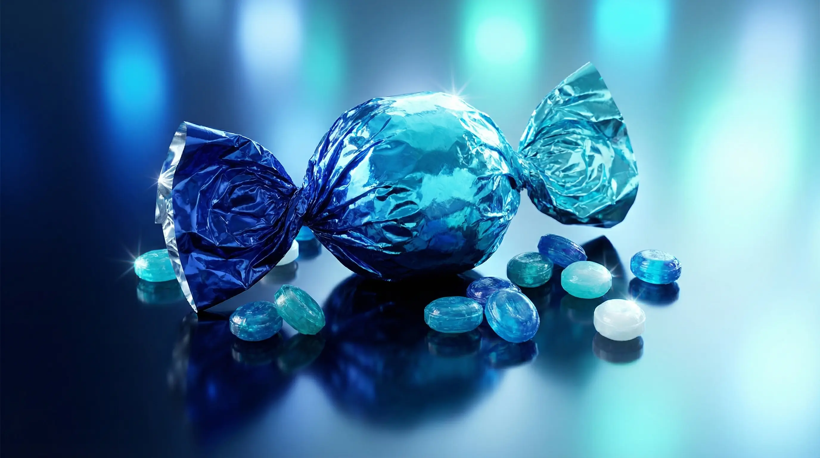 Large wrapped candy surrounded by smaller colorful sweets