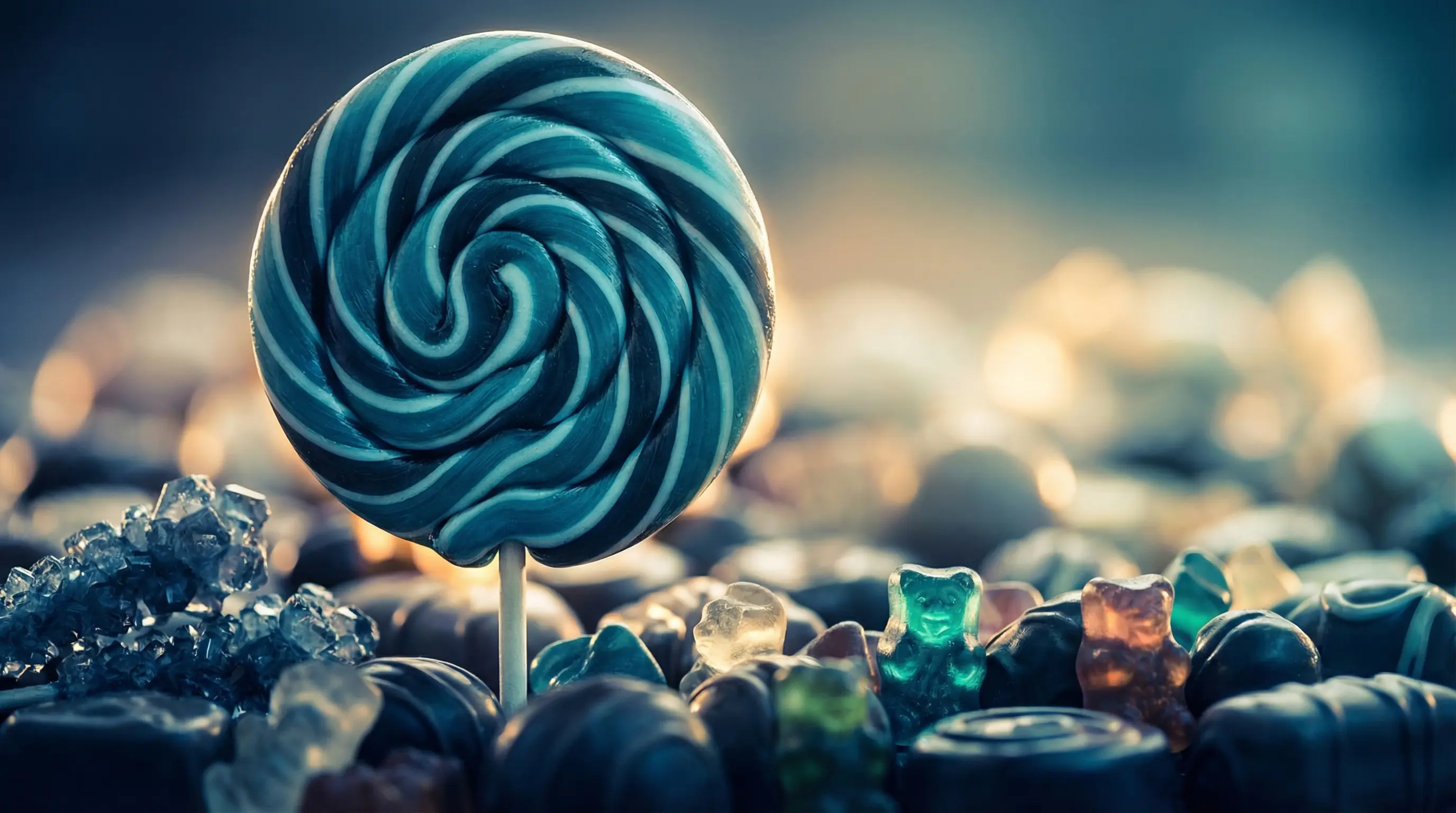 Towering lollipop with assorted candies at its base